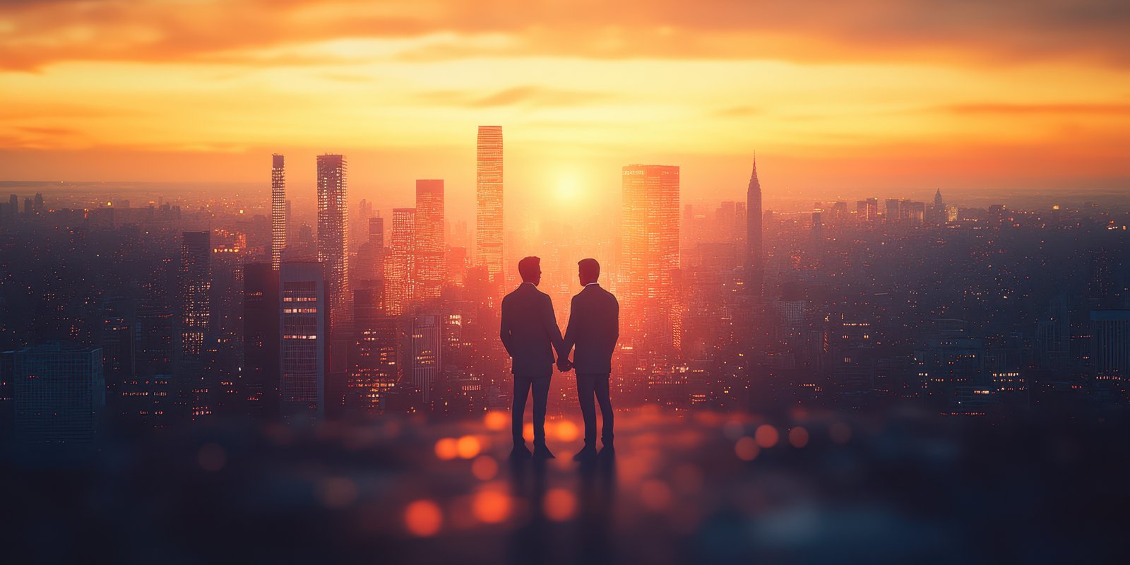 Couple enjoys sunset view over a city skyline from a rooftop terrace, capturing a moment of connection and tranquility